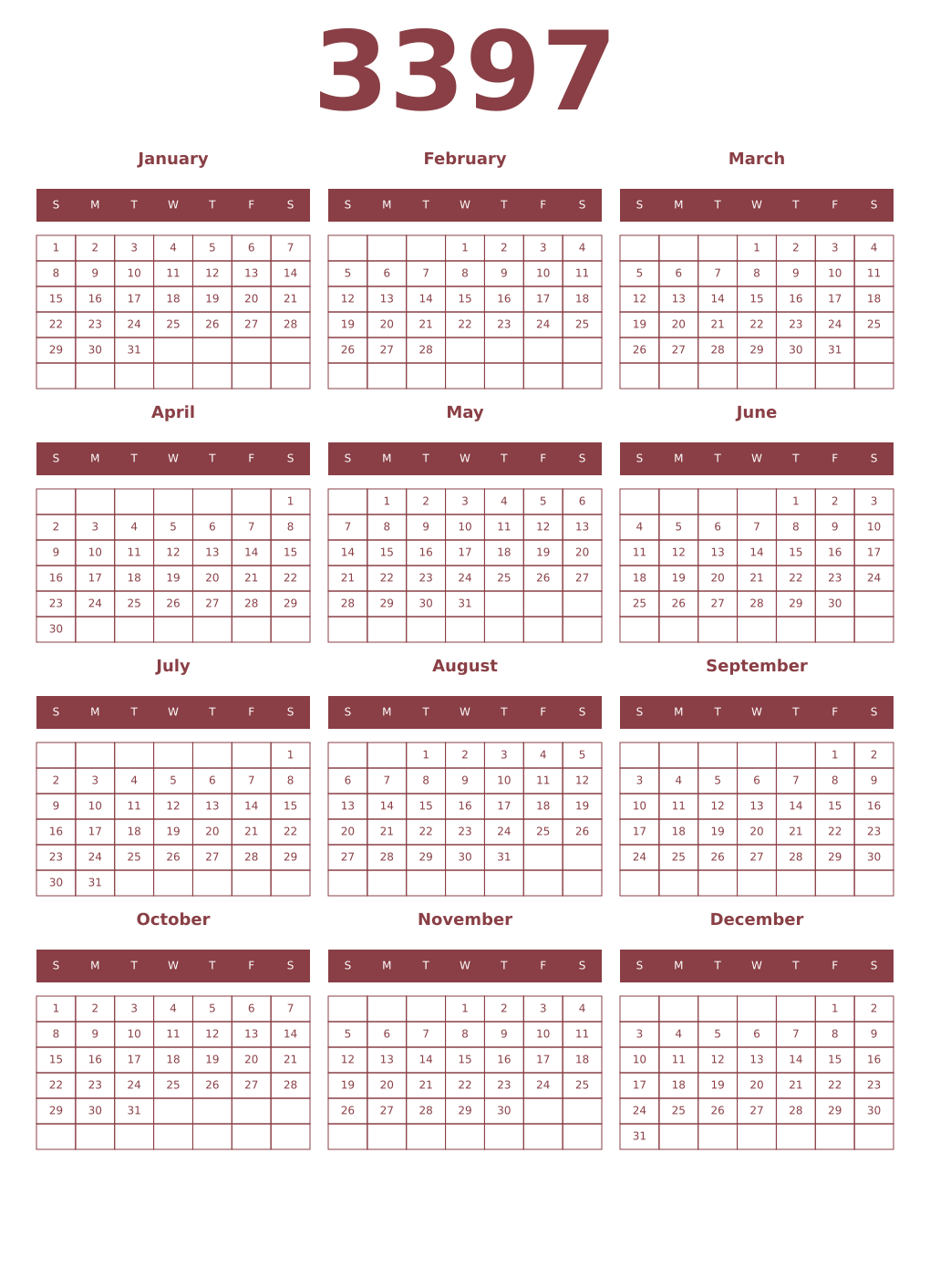 Printable 3397 Year Calendars cordovan