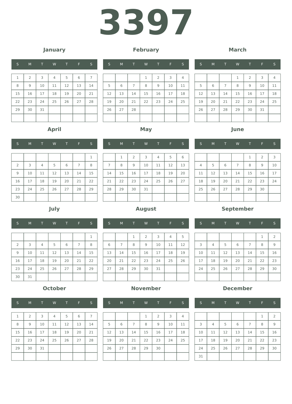 Printable 3397 Year Calendars feldgrau