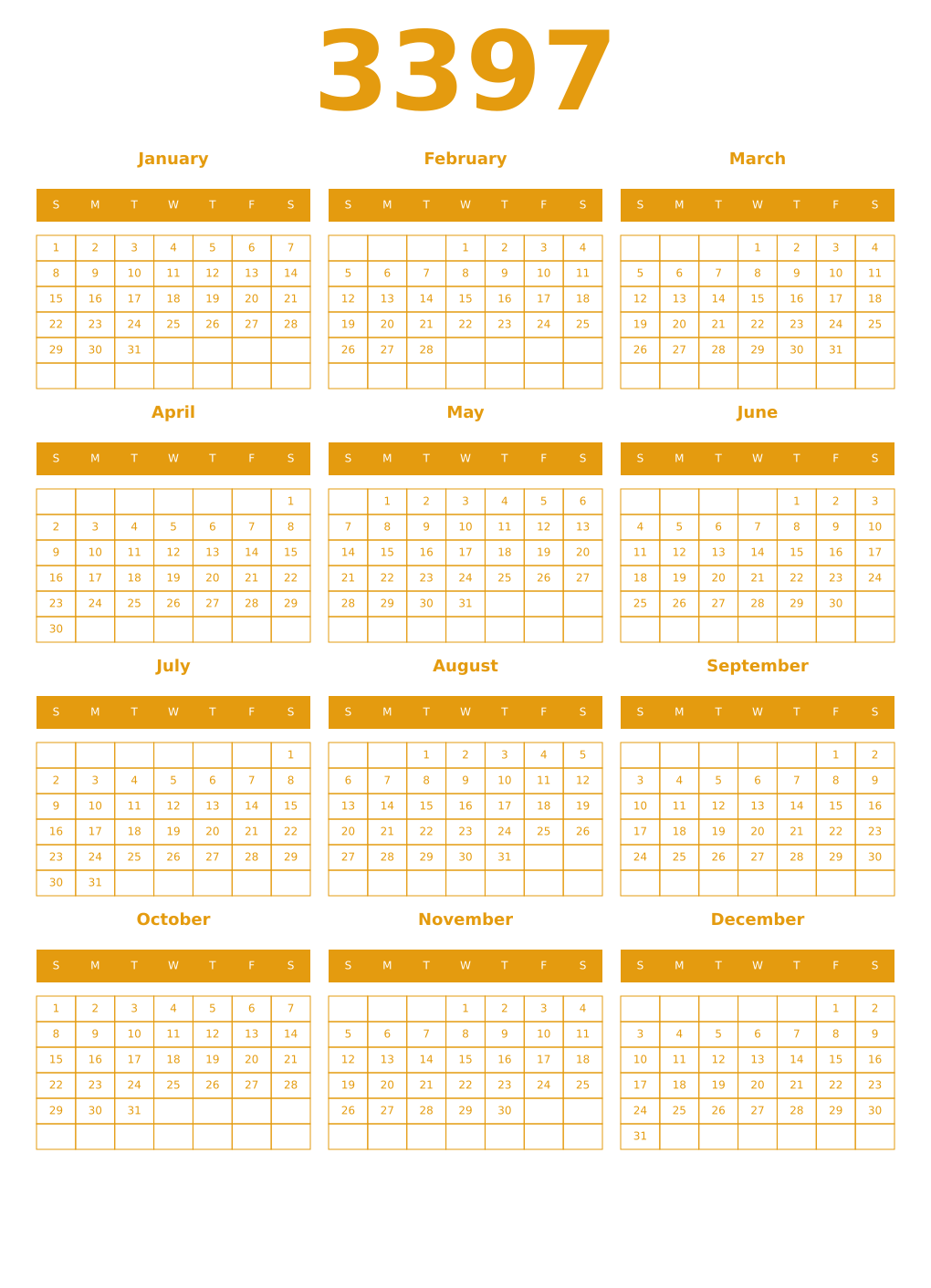 Printable 3397 Year Calendars gamboge
