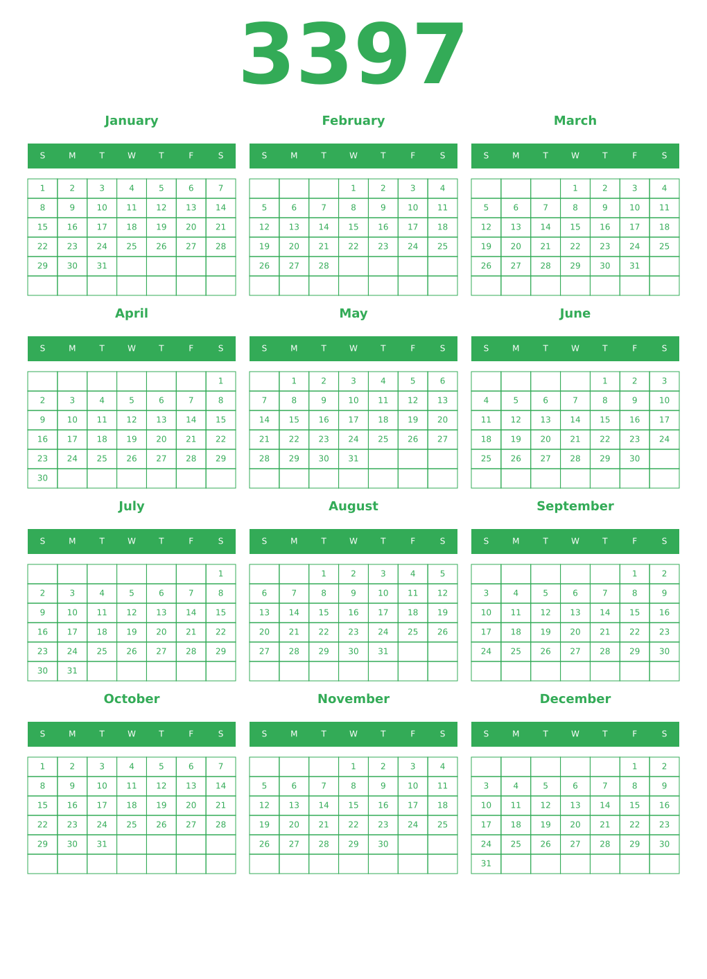 Printable 3397 Year Calendars green