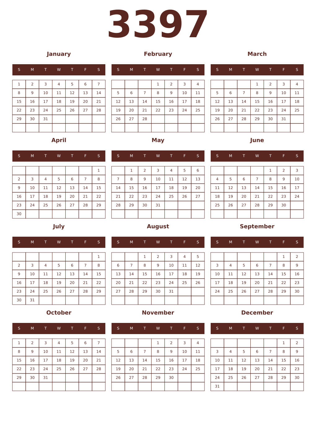 Printable 3397 Year Calendars mortuum