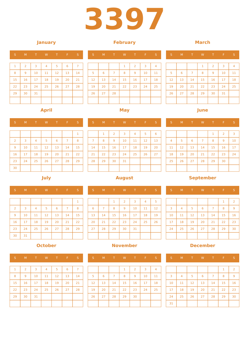 Printable 3397 Year Calendars orange