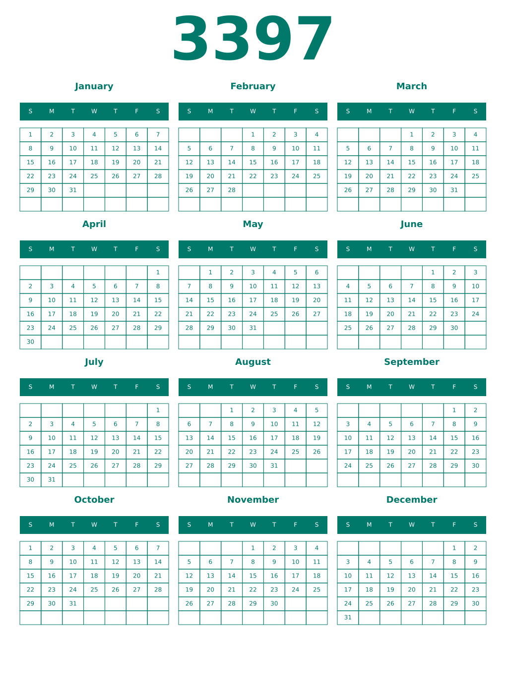 Printable 3397 Year Calendars pastel
