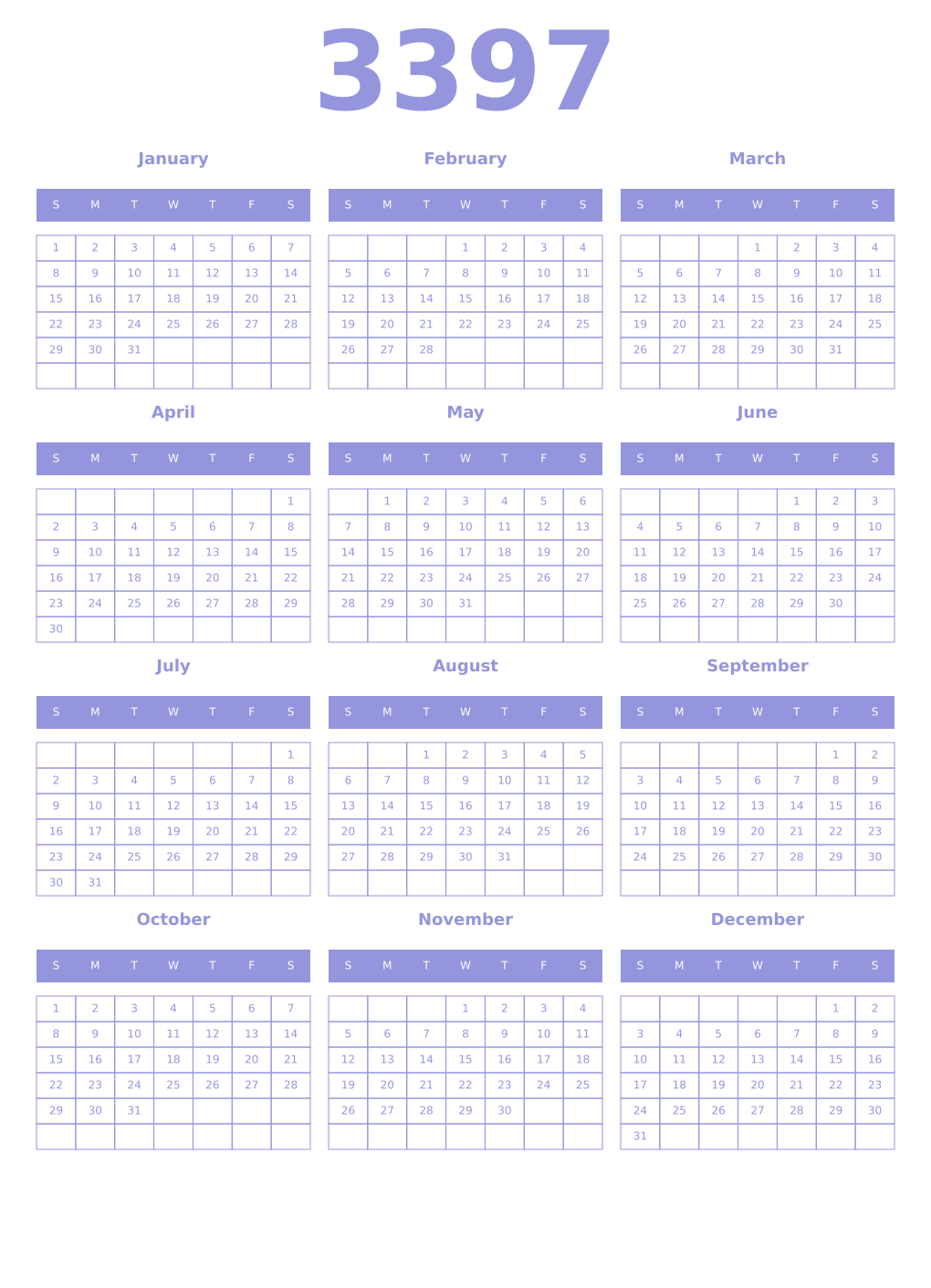 Printable 3397 Year Calendars periwinkle