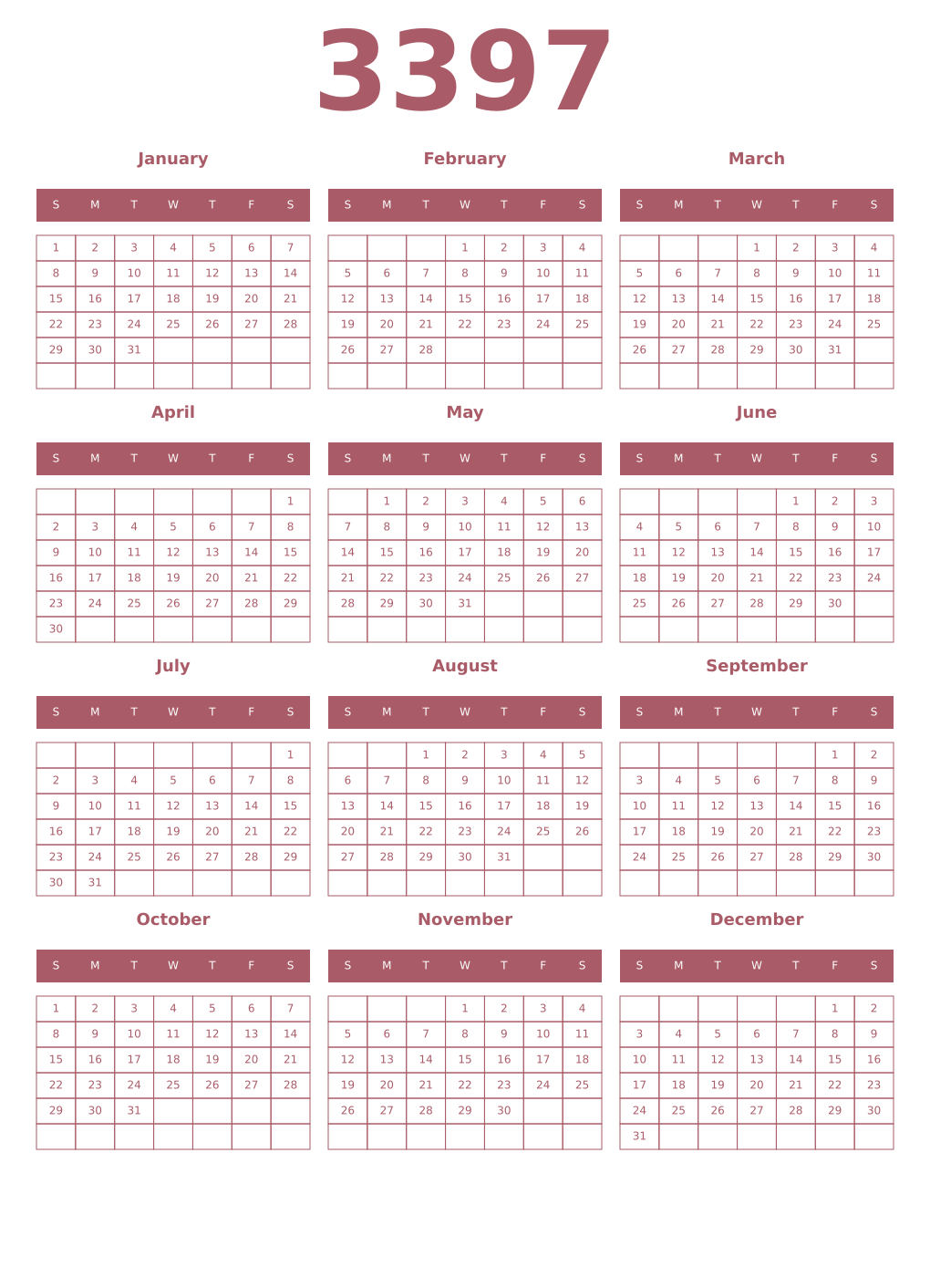 Printable 3397 Year Calendars puce