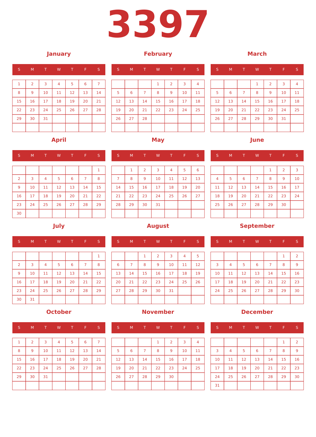 Printable 3397 Year Calendars red