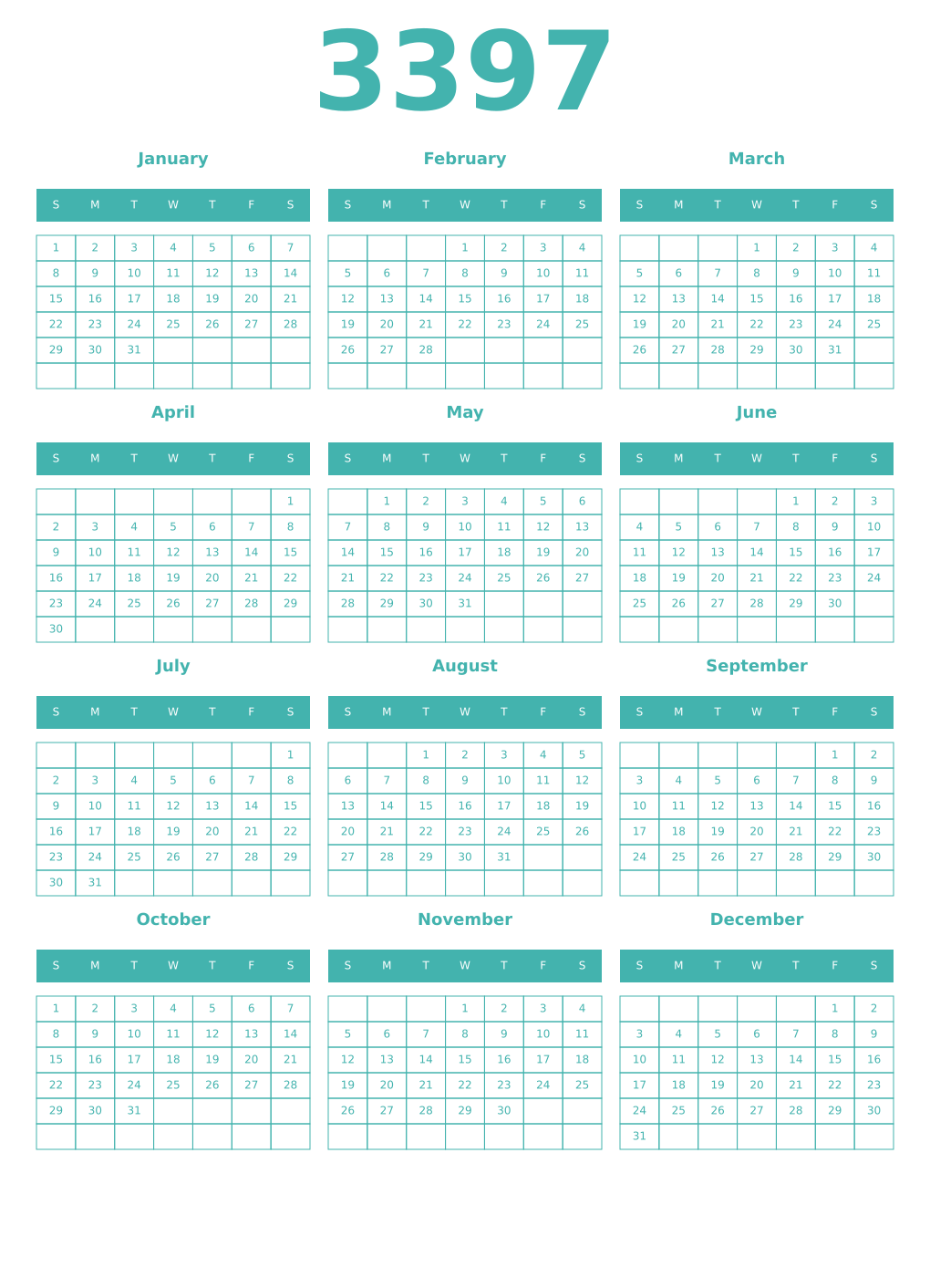 Printable 3397 Year Calendars verdigris