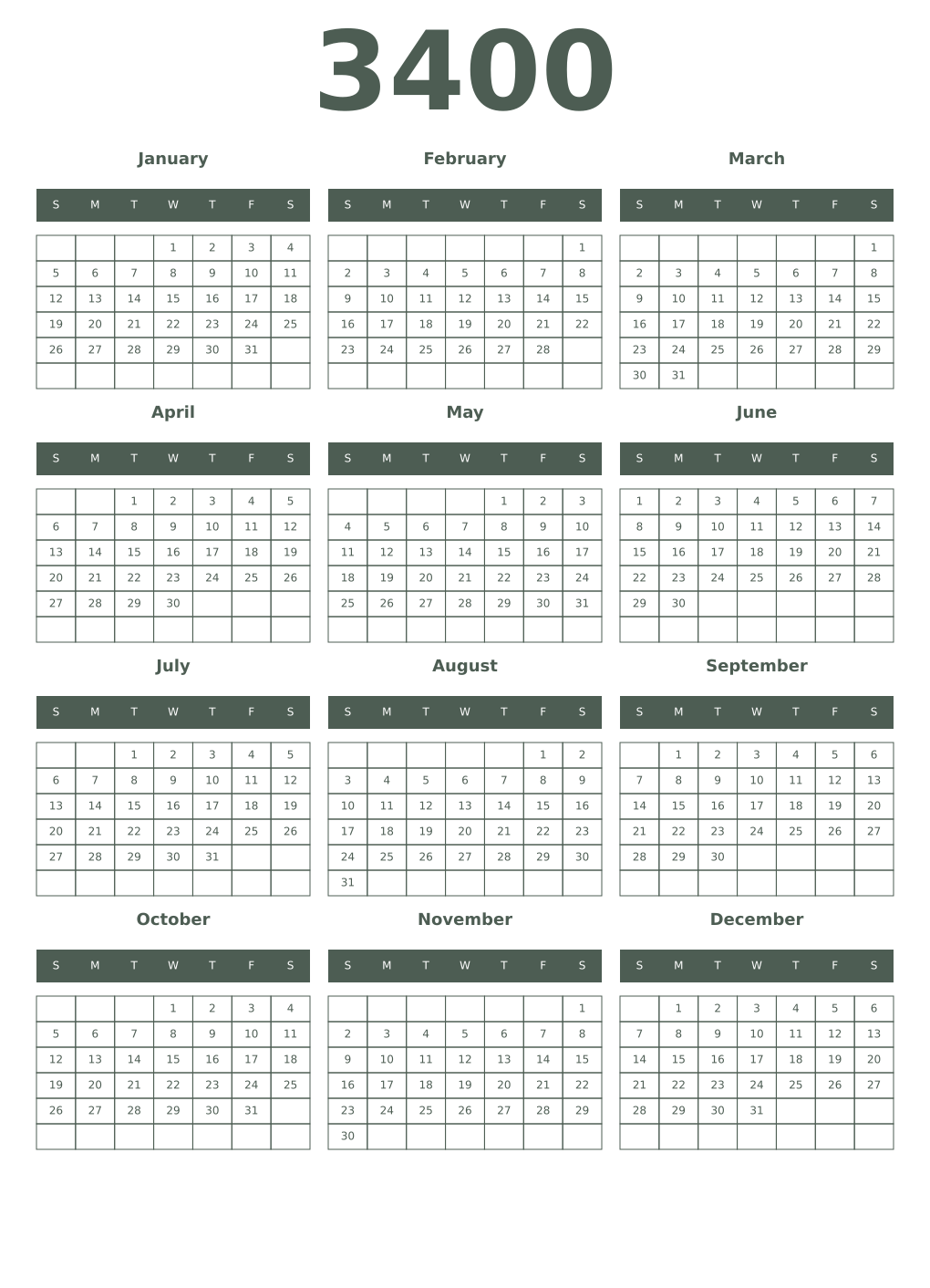 Printable 3400 Year Calendars feldgrau