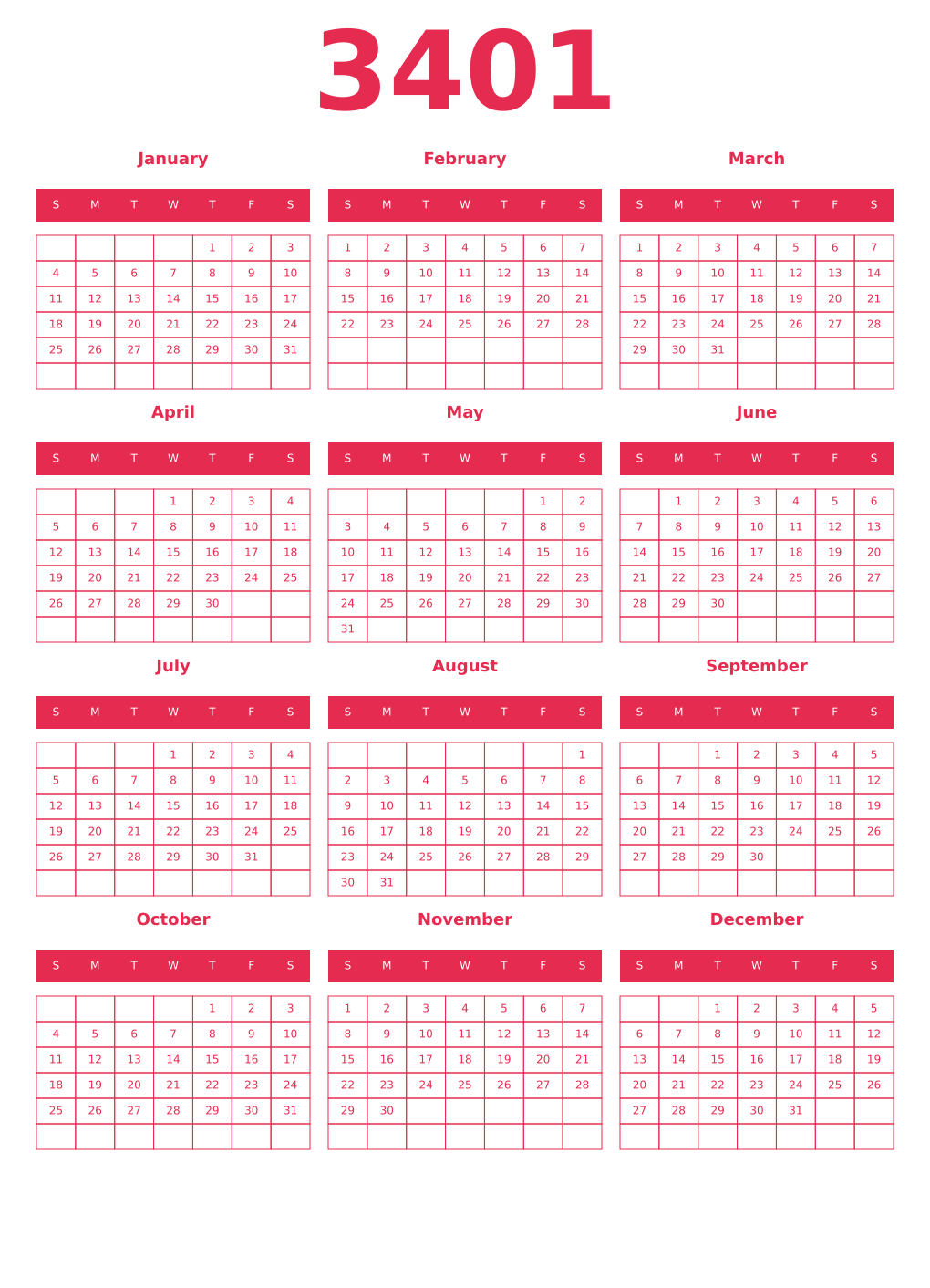 Printable 3401 Year Calendars amaranth