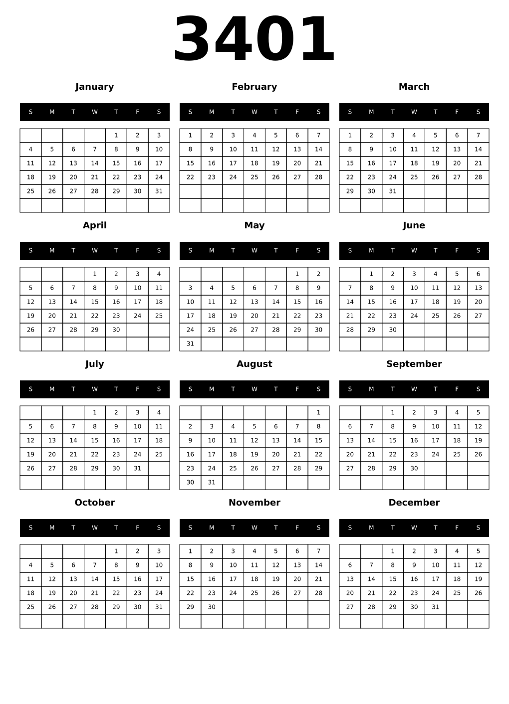 Printable 3401 Year Calendars black
