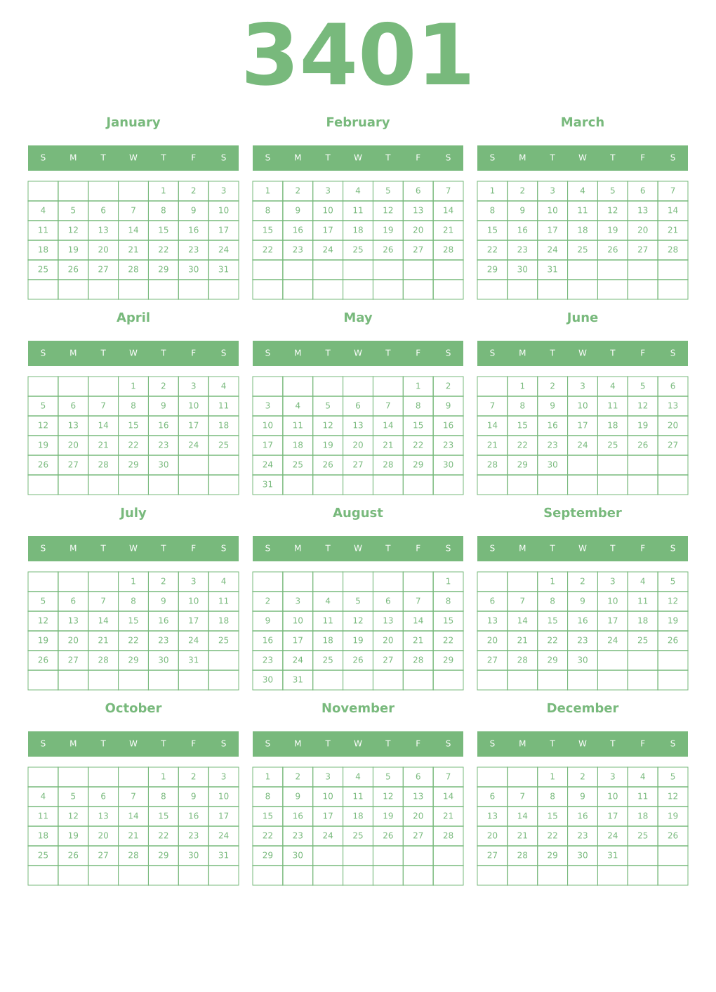 Printable 3401 Year Calendars celadon