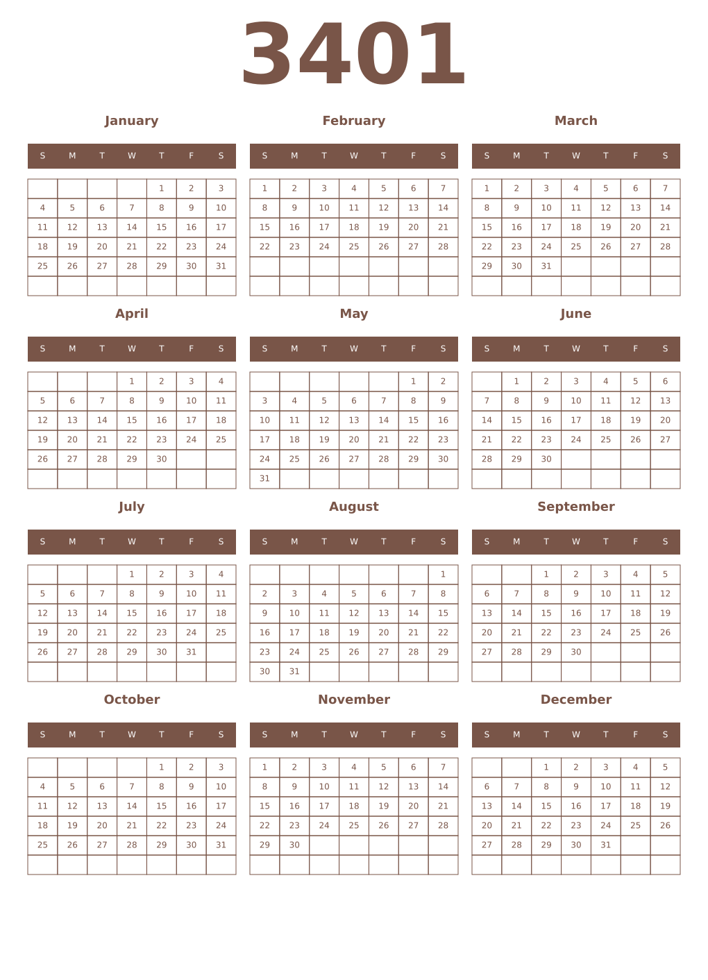 Printable 3401 Year Calendars coffe
