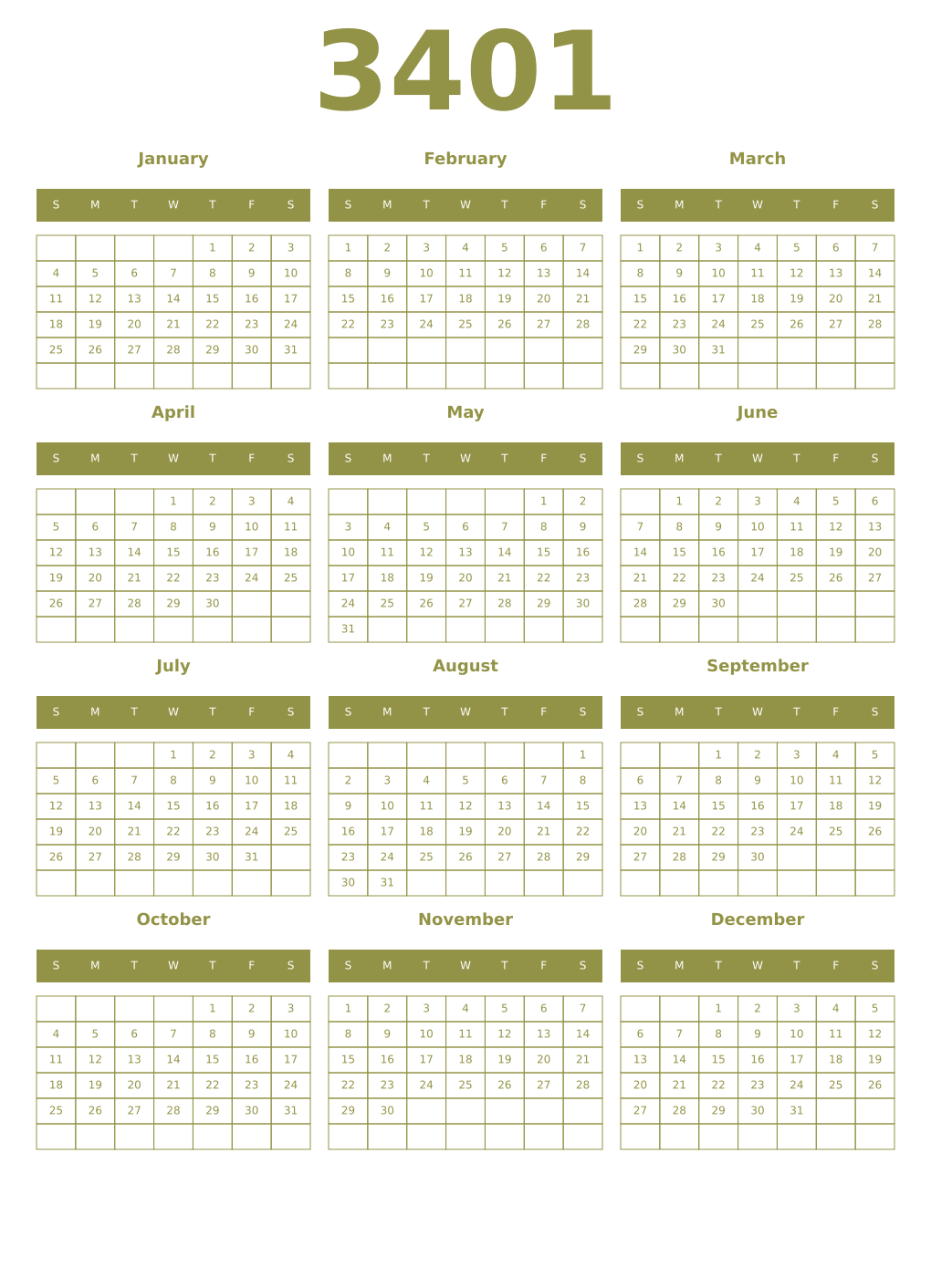 Printable 3401 Year Calendars eburnean