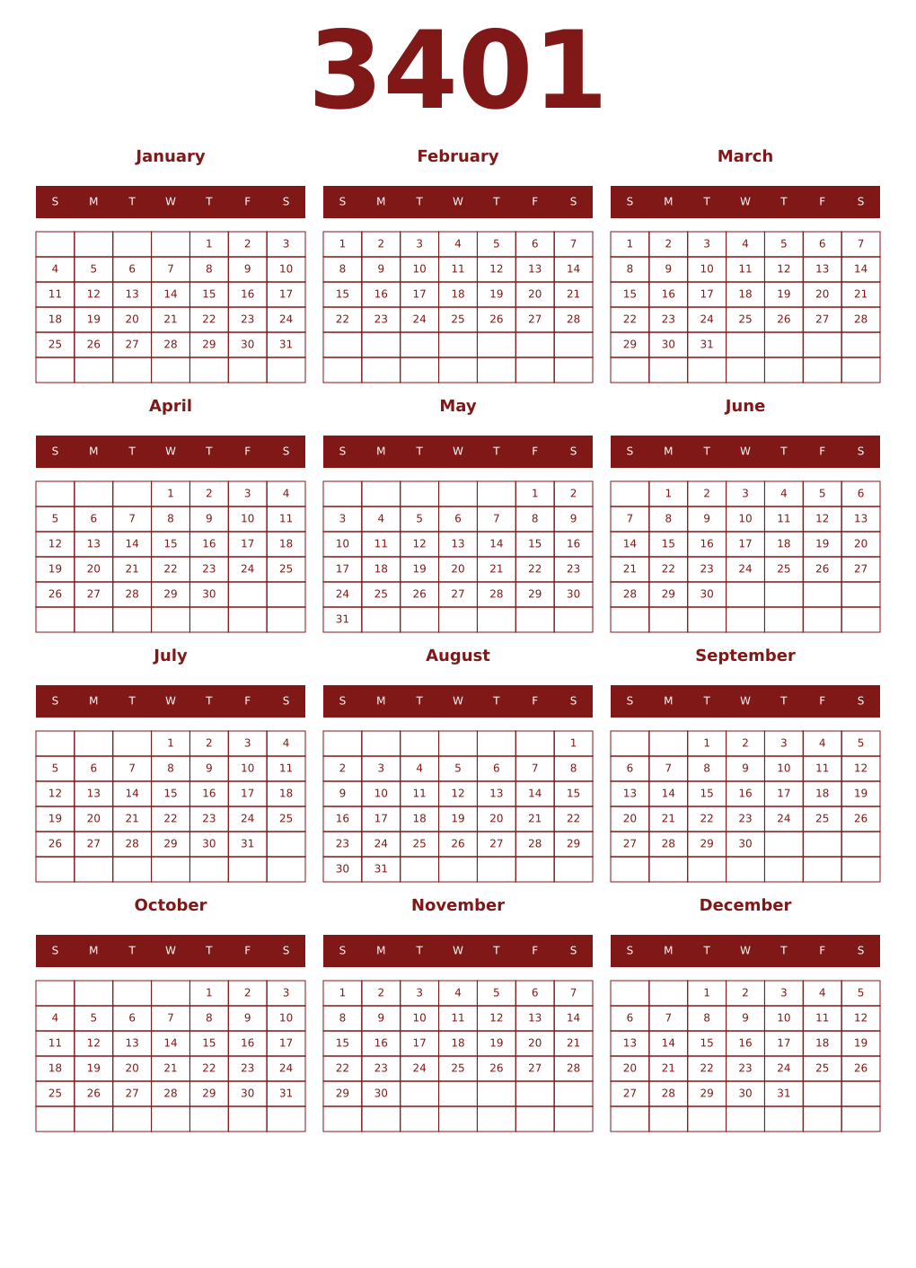 Printable 3401 Year Calendars falu