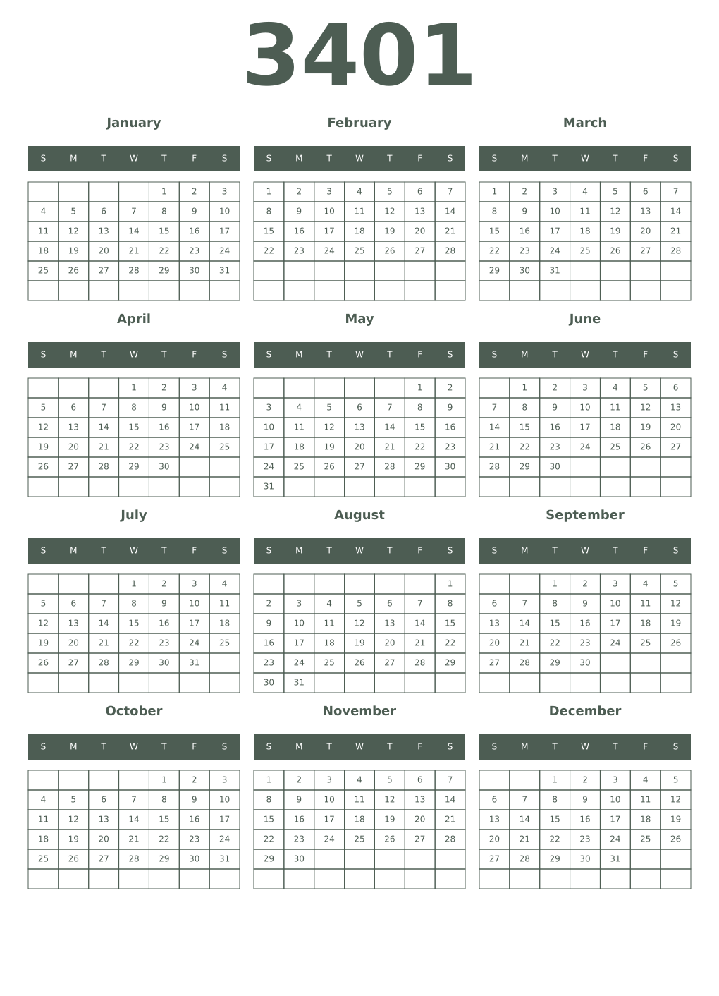 Printable 3401 Year Calendars feldgrau