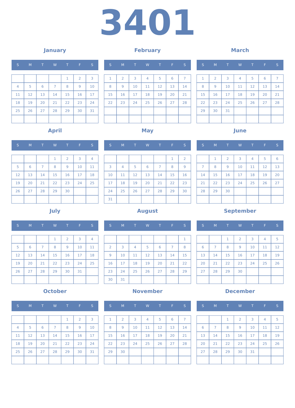 Printable 3401 Year Calendars glaucous