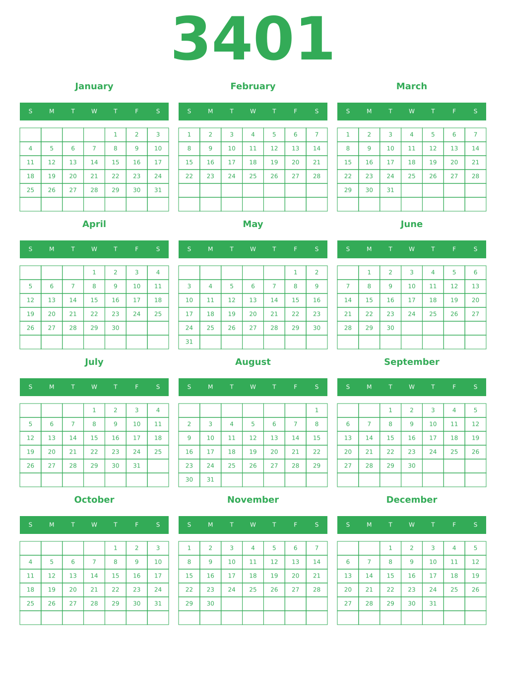 Printable 3401 Year Calendars green