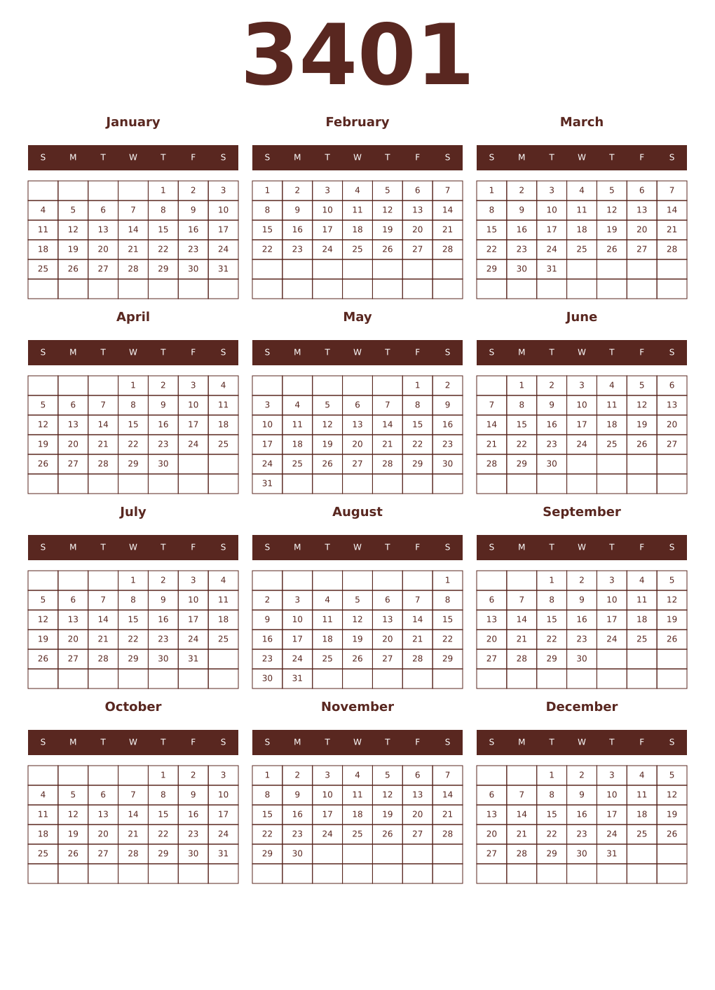 Printable 3401 Year Calendars mortuum