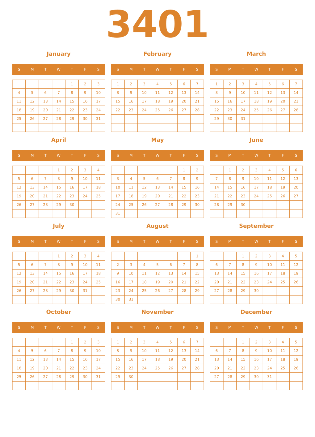 Printable 3401 Year Calendars orange