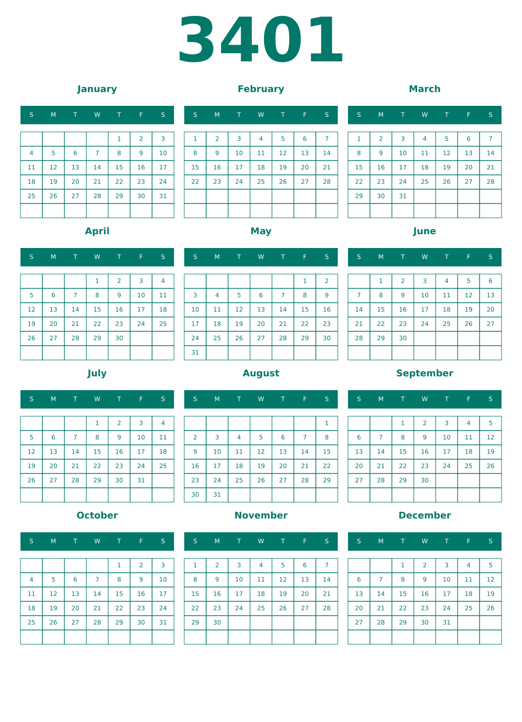 Printable 3401 Year Calendars pastel