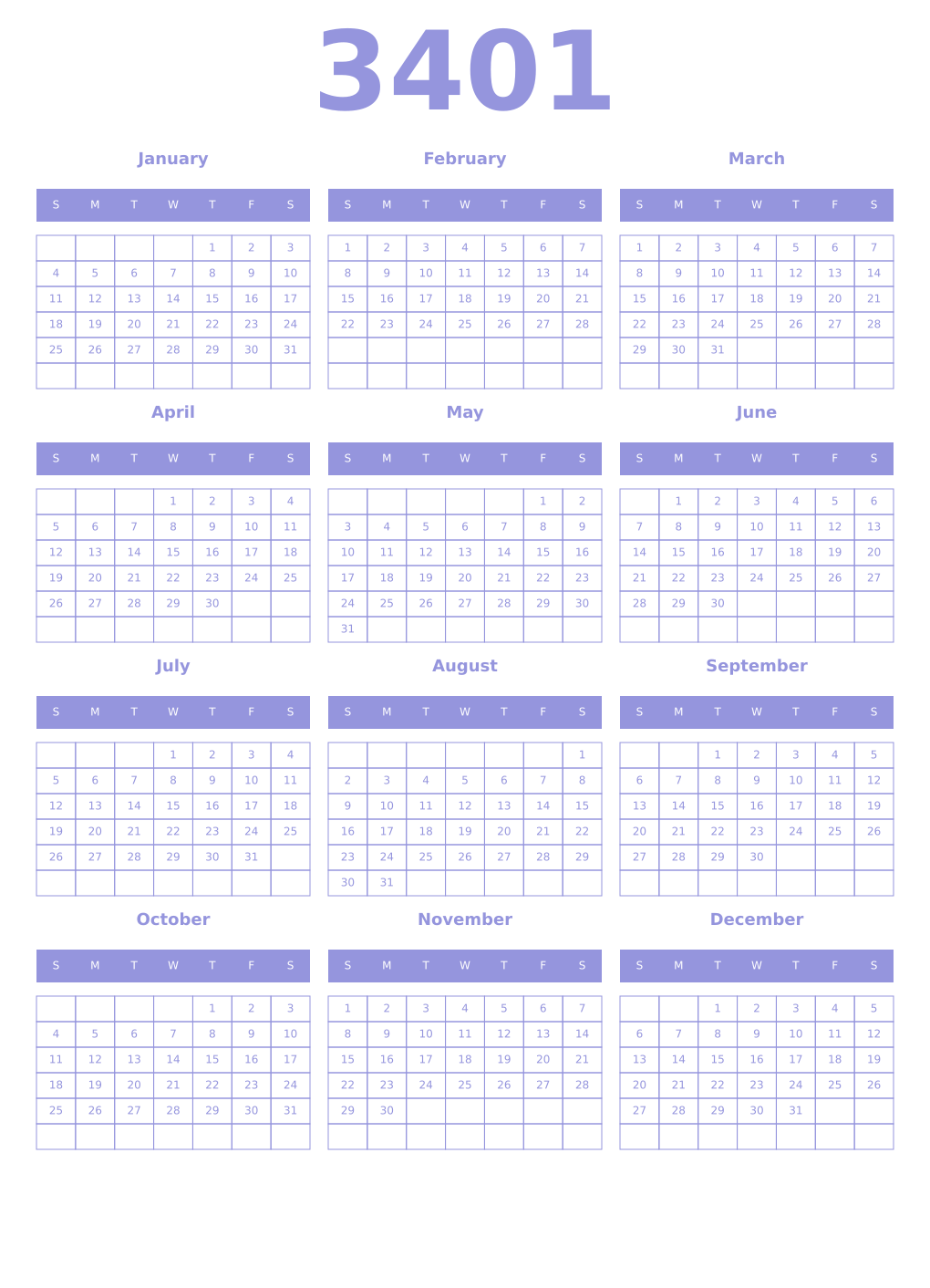 Printable 3401 Year Calendars periwinkle