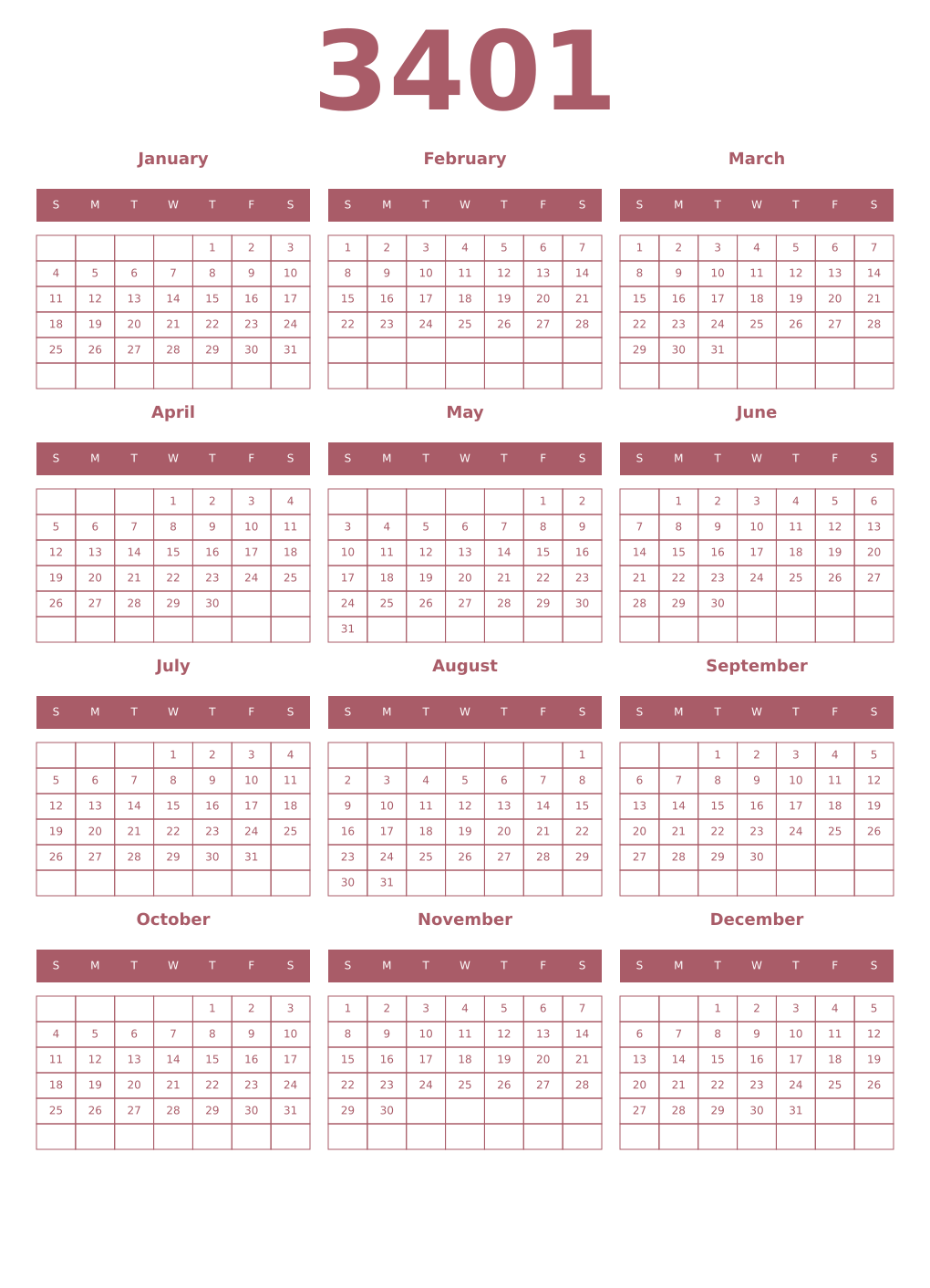 Printable 3401 Year Calendars puce