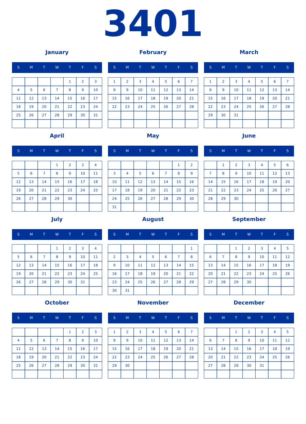 Printable 3401 Year Calendars smalt