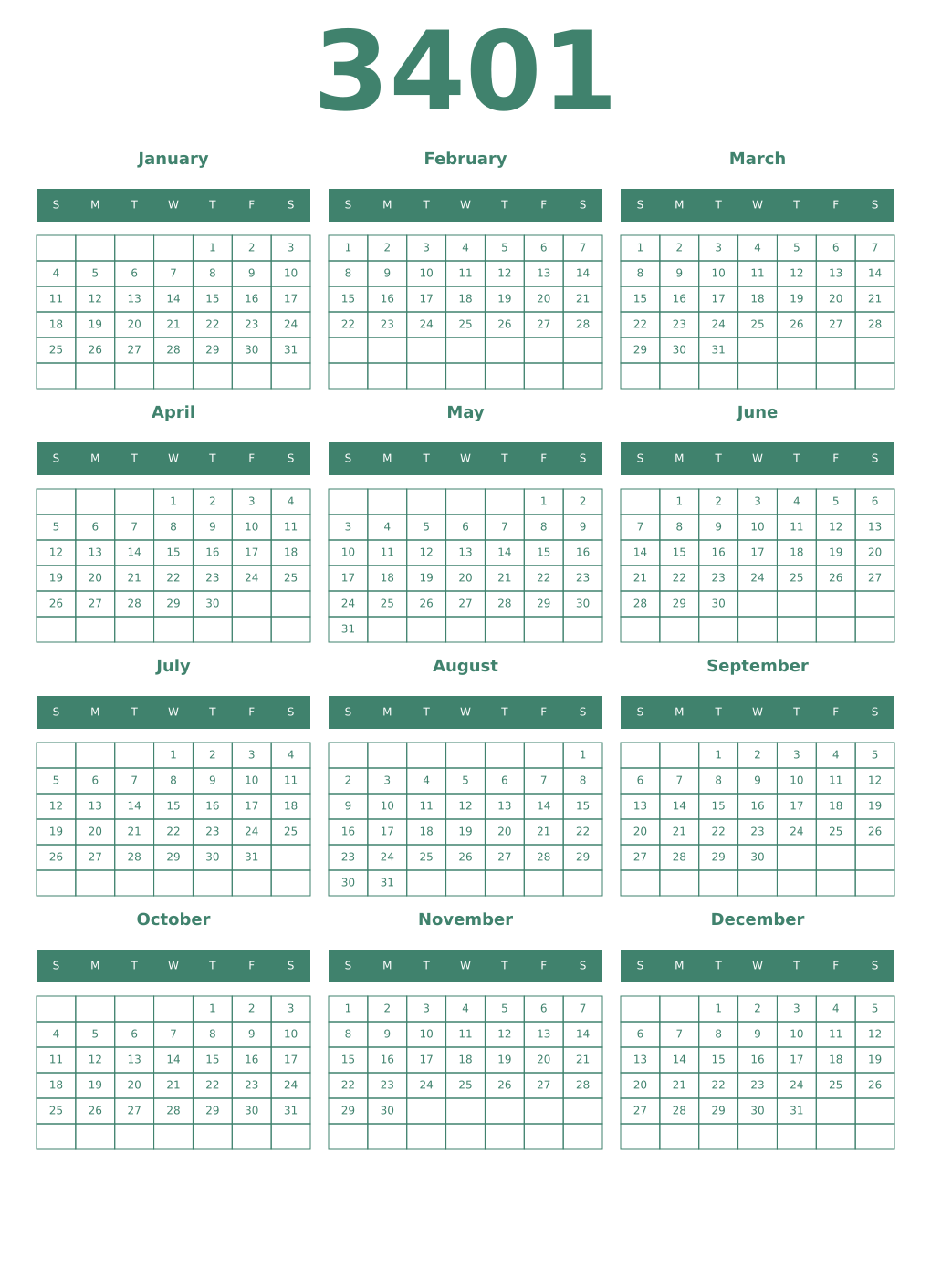 Printable 3401 Year Calendars viridian