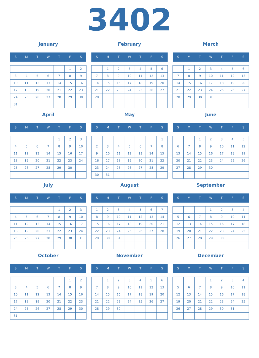 Printable 3402 Year Calendars blue