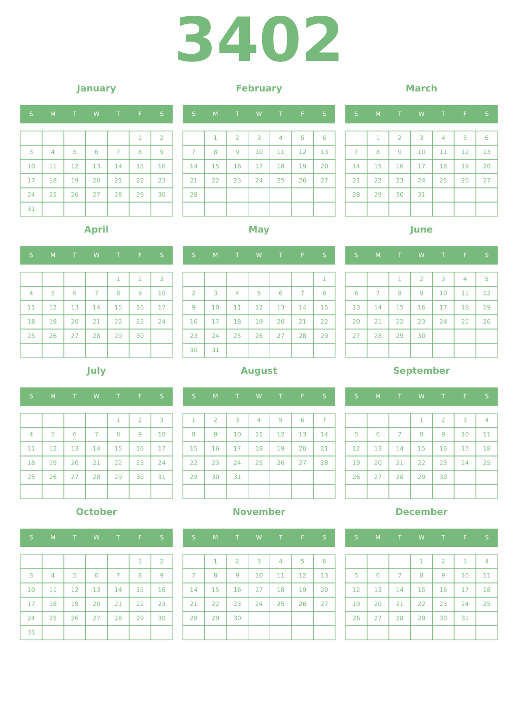 Printable 3402 Year Calendars celadon