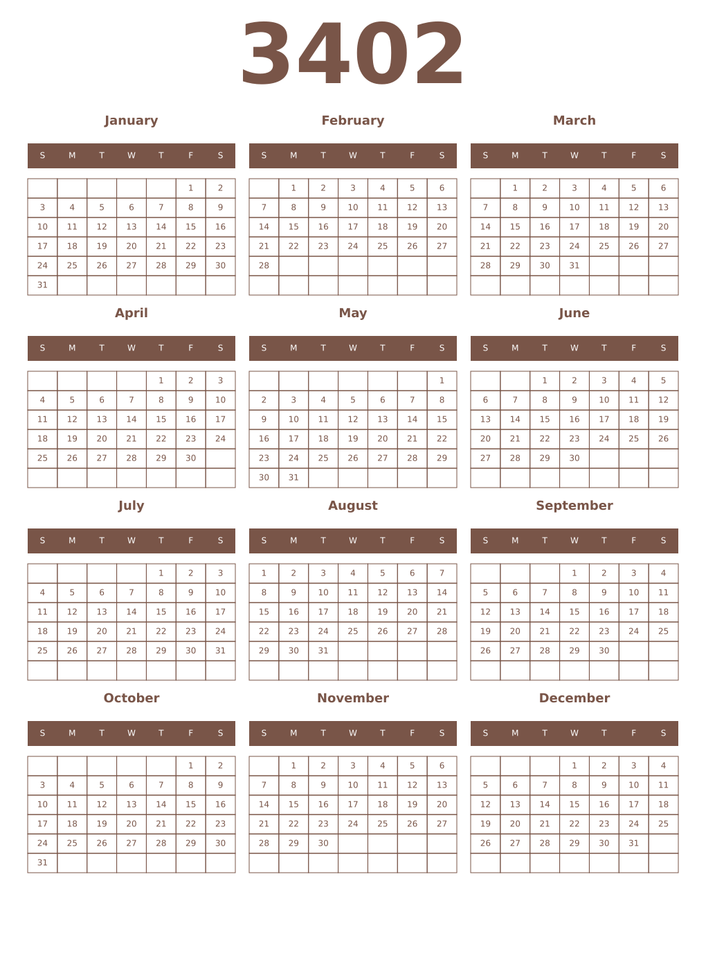 Printable 3402 Year Calendars coffe