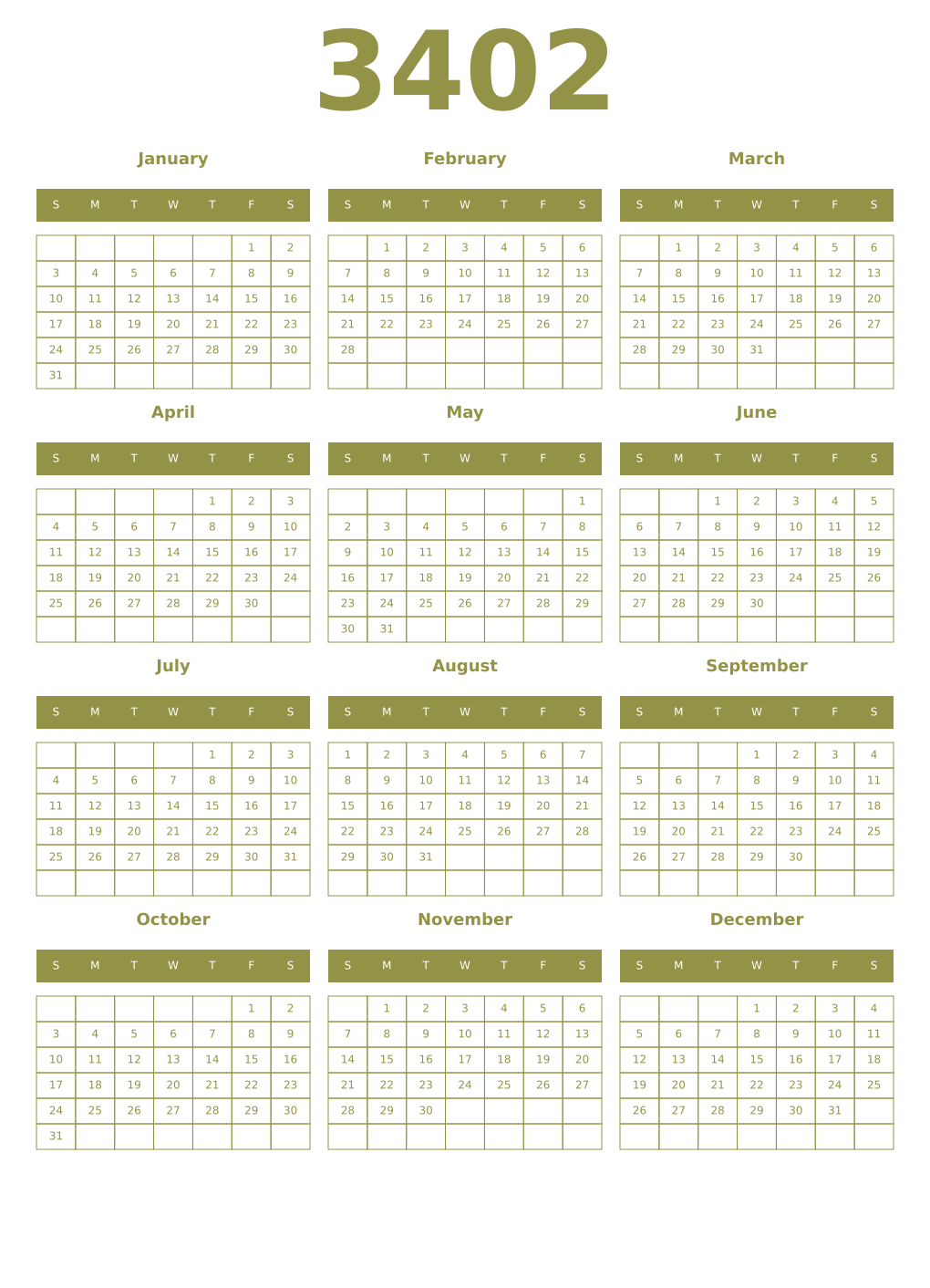Printable 3402 Year Calendars eburnean