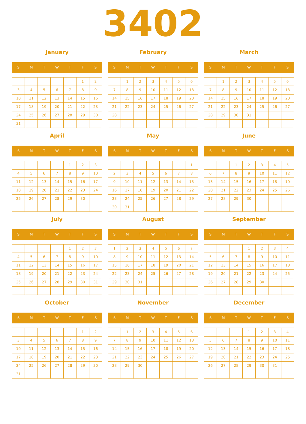 Printable 3402 Year Calendars gamboge