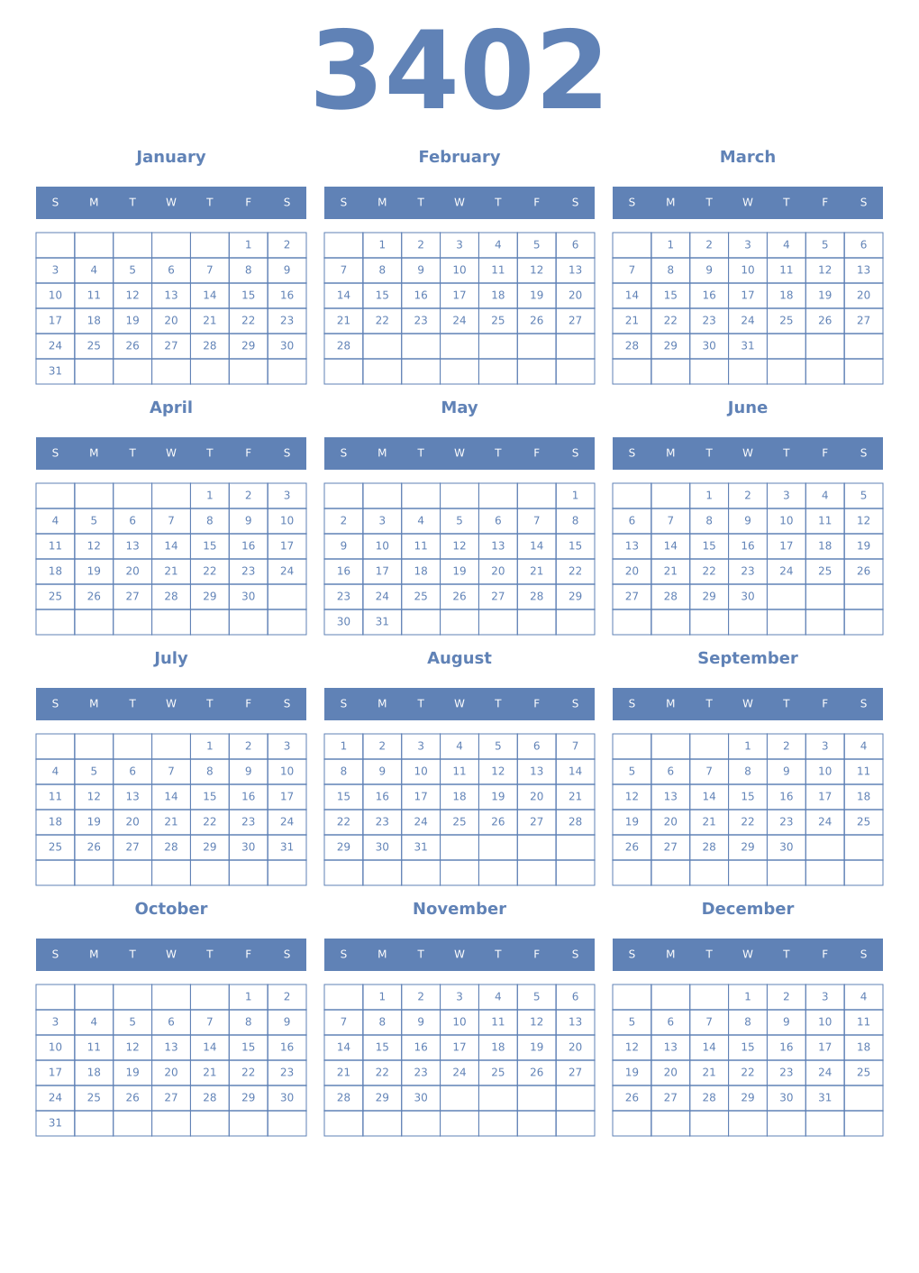 Printable 3402 Year Calendars glaucous