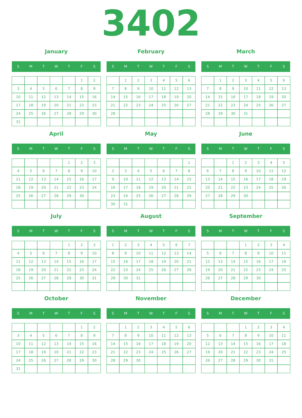 Printable 3402 Year Calendars green