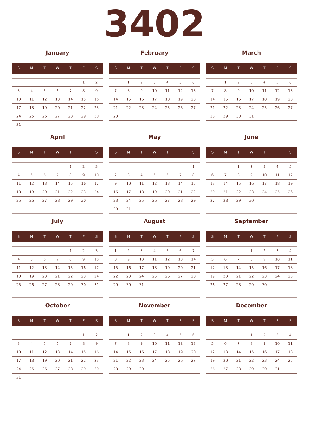Printable 3402 Year Calendars mortuum