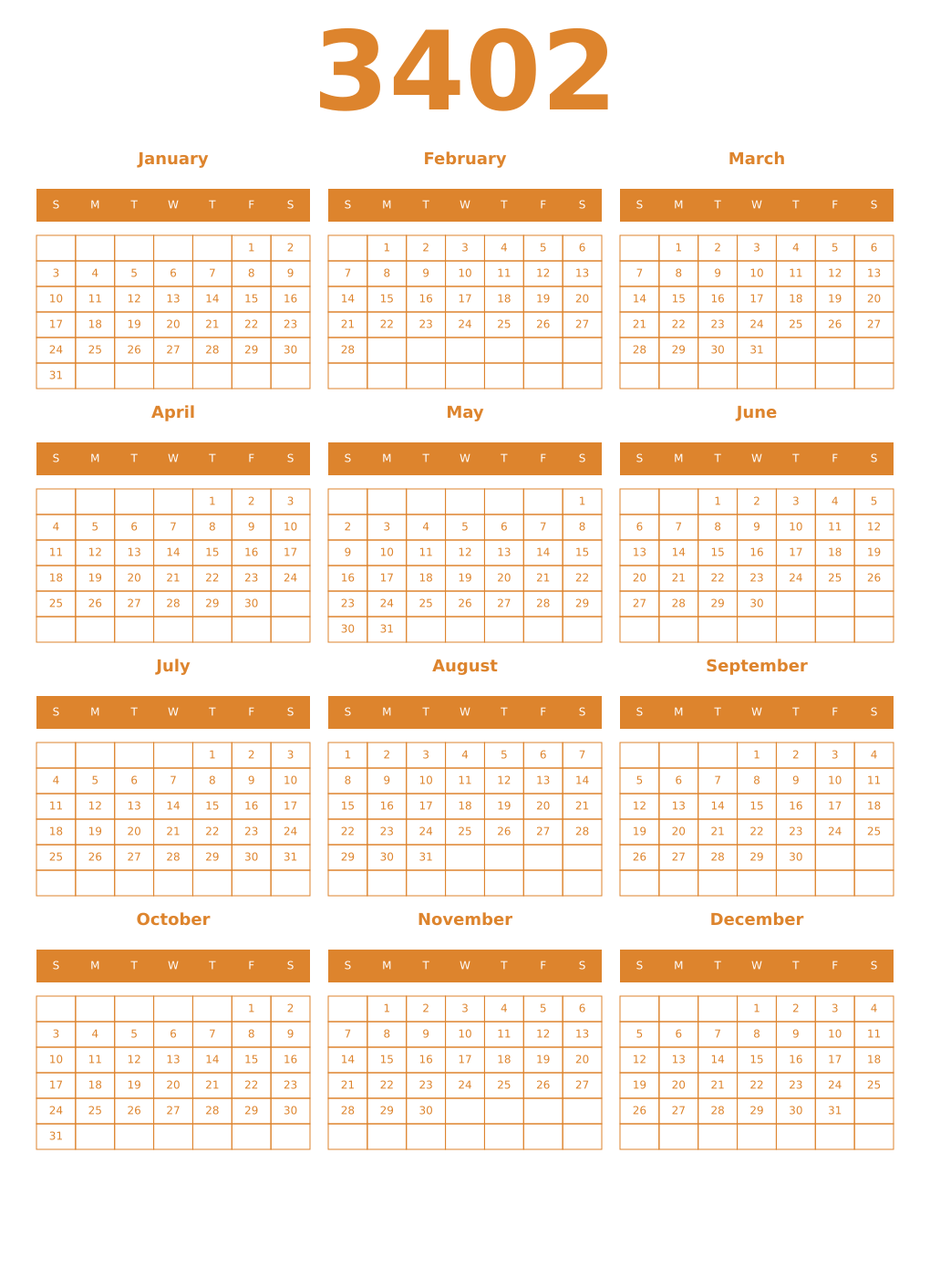 Printable 3402 Year Calendars orange