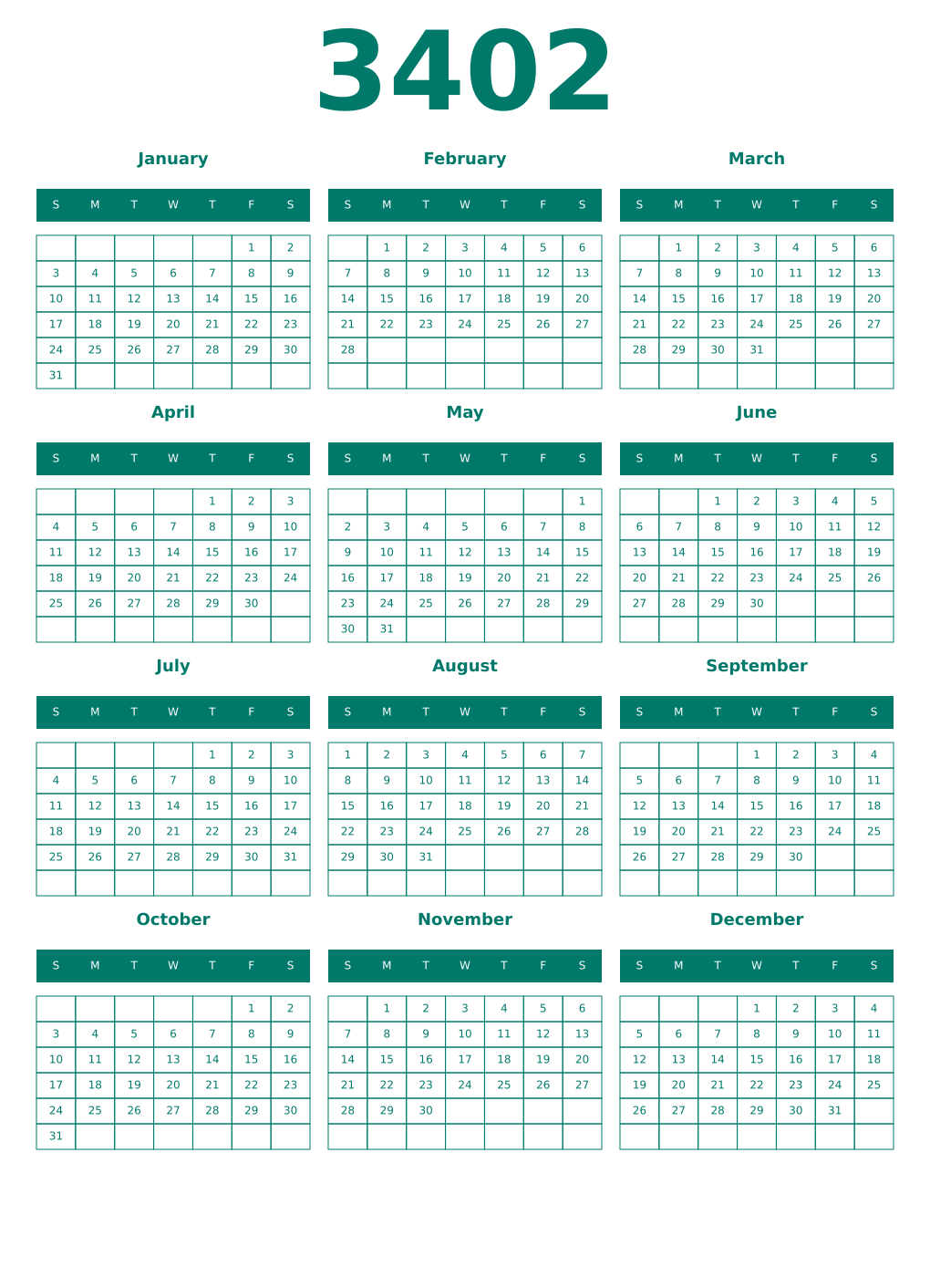 Printable 3402 Year Calendars pastel
