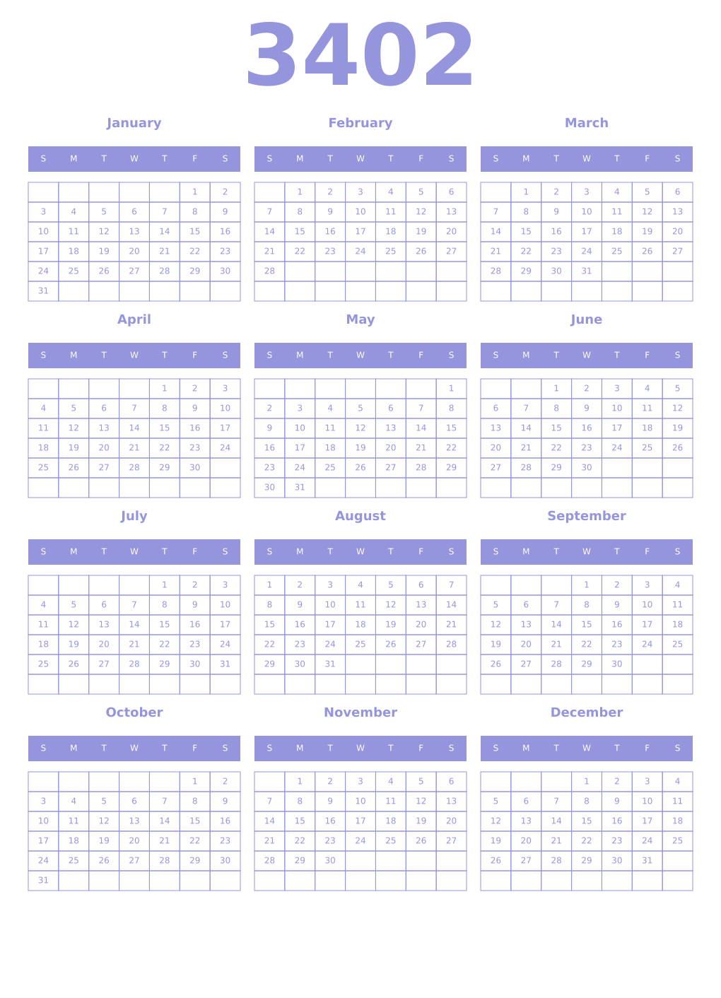 Printable 3402 Year Calendars periwinkle