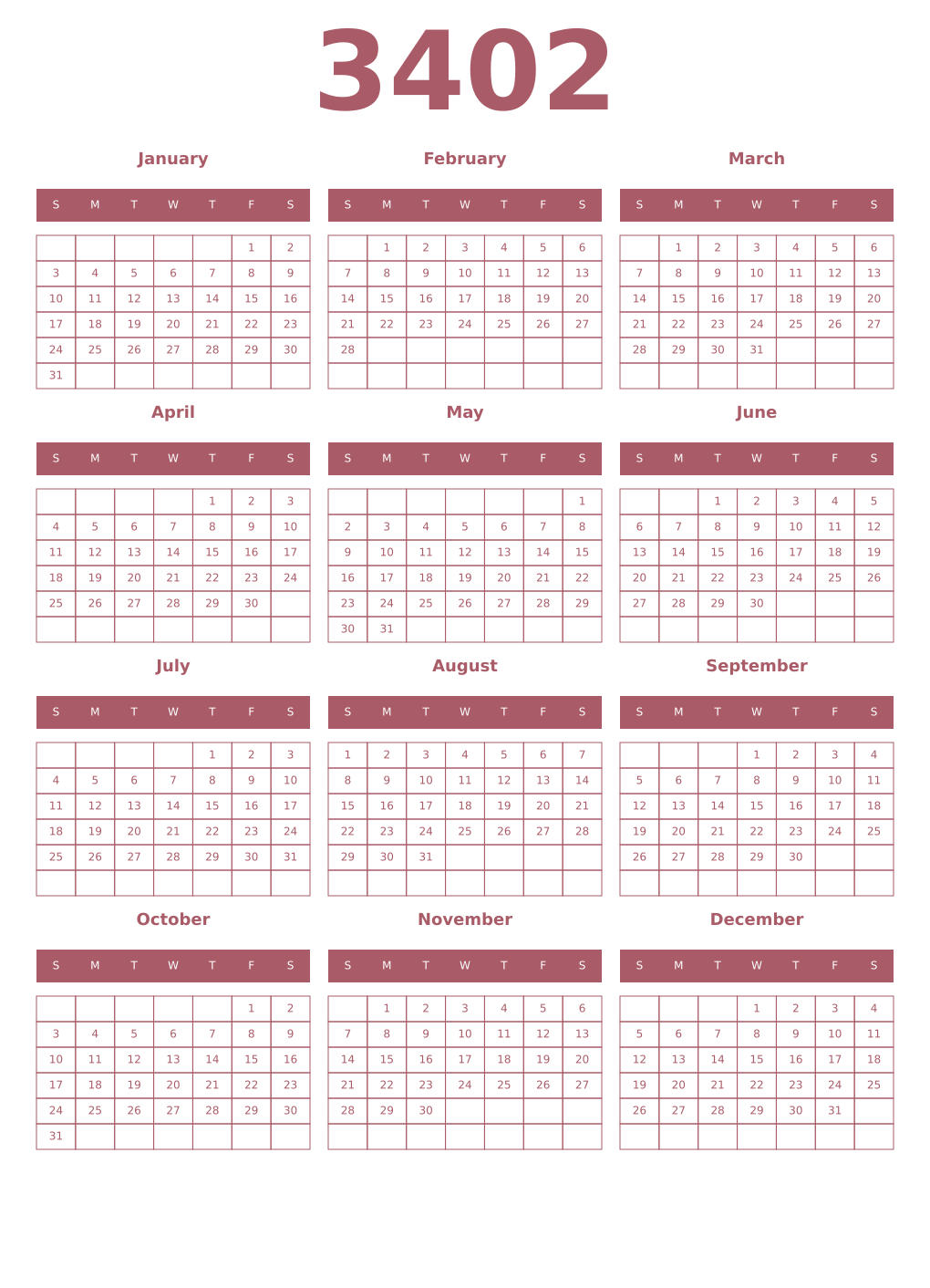 Printable 3402 Year Calendars puce