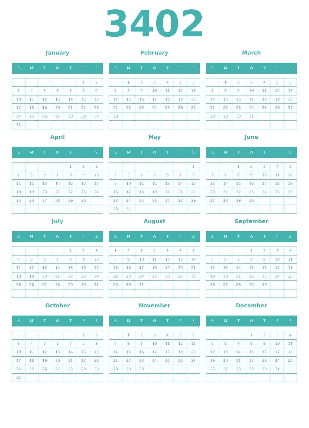 Printable 3402 Year Calendars verdigris