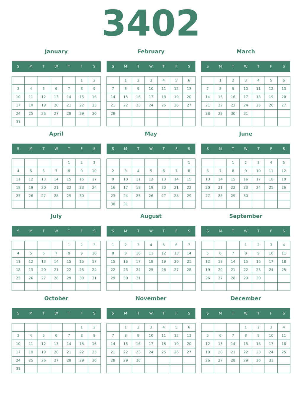Printable 3402 Year Calendars viridian
