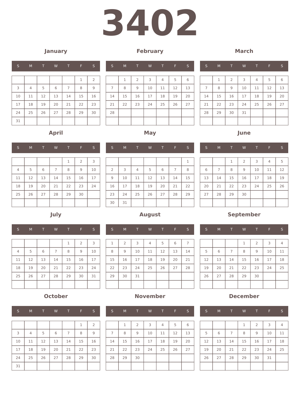 Printable 3402 Year Calendars wenge