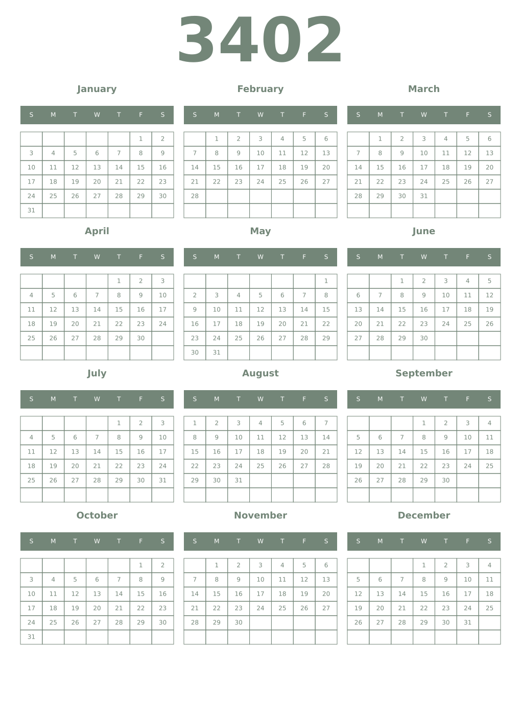 Printable 3402 Year Calendars xanadu