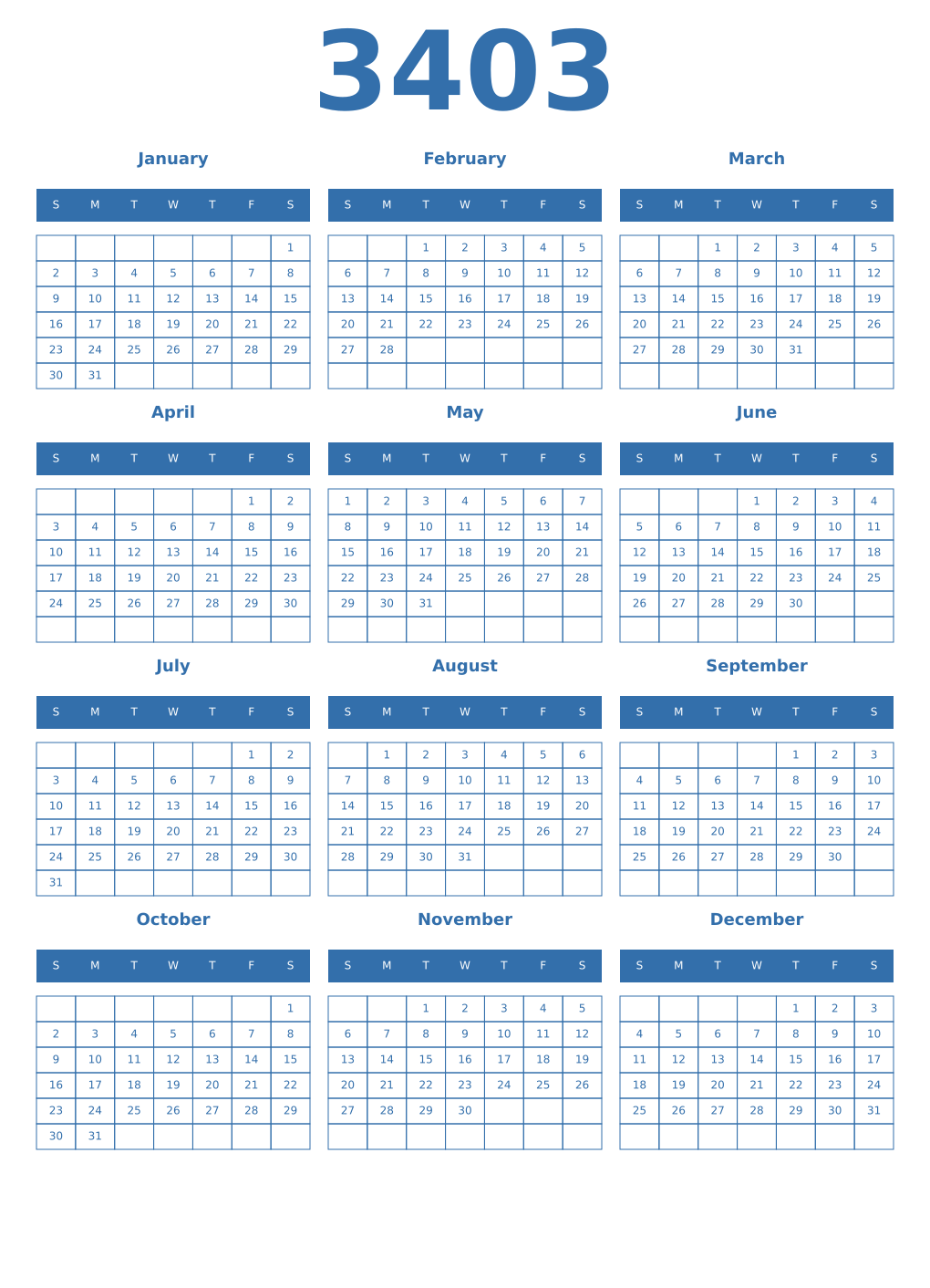 Printable 3403 Year Calendars blue