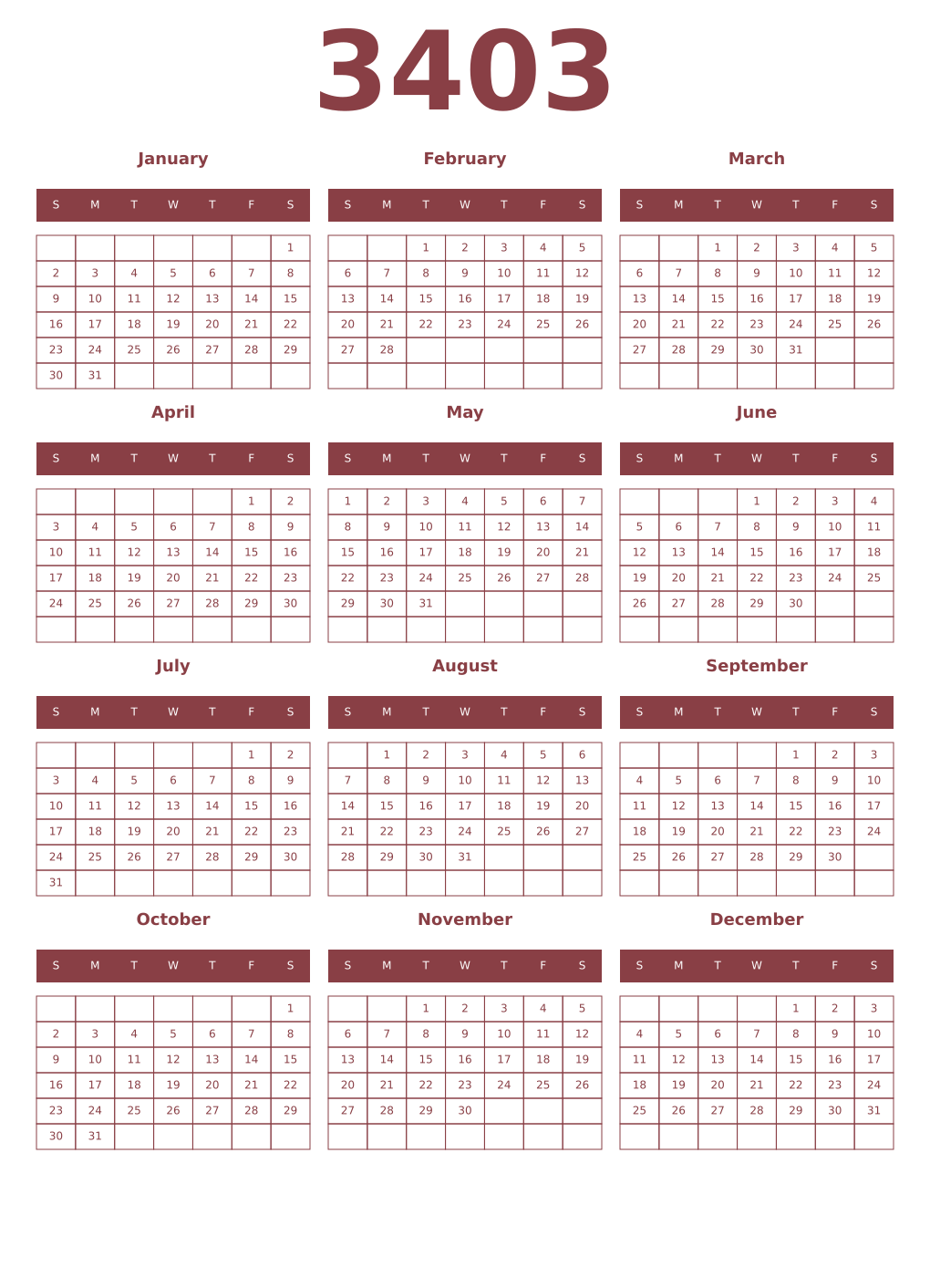Printable 3403 Year Calendars cordovan