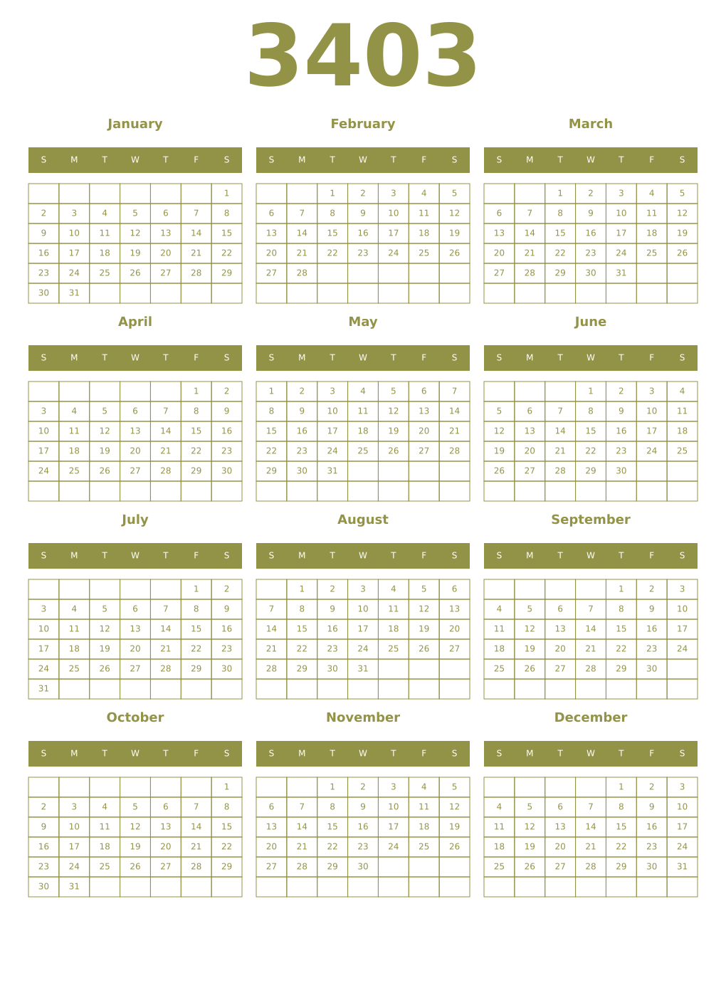 Printable 3403 Year Calendars eburnean