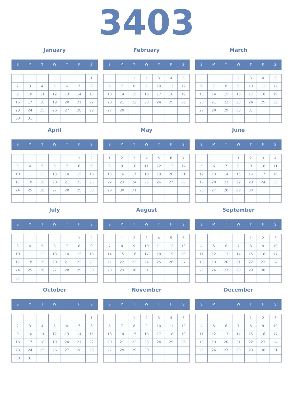 Printable 3403 Year Calendars glaucous