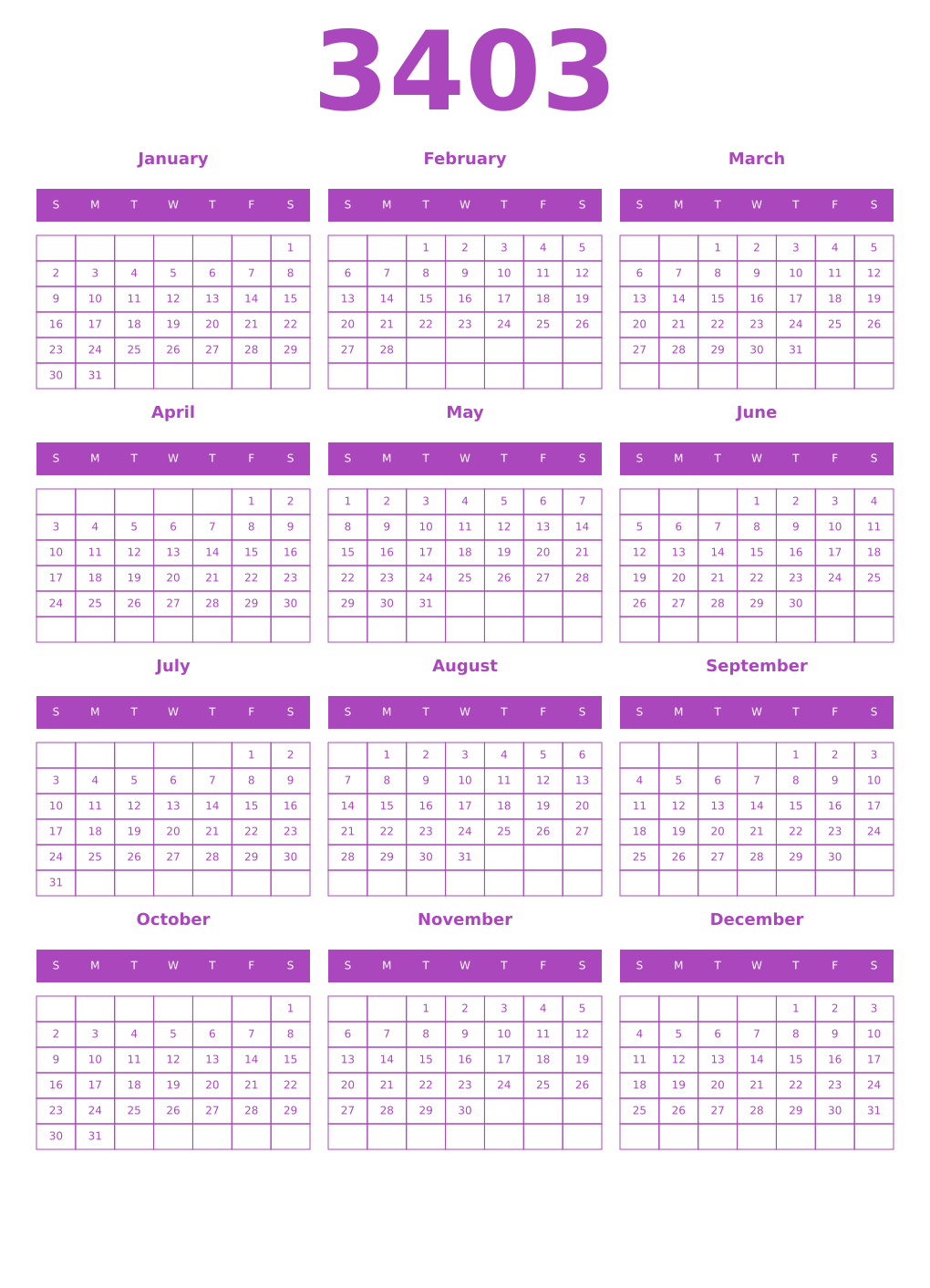Printable 3403 Year Calendars purple
