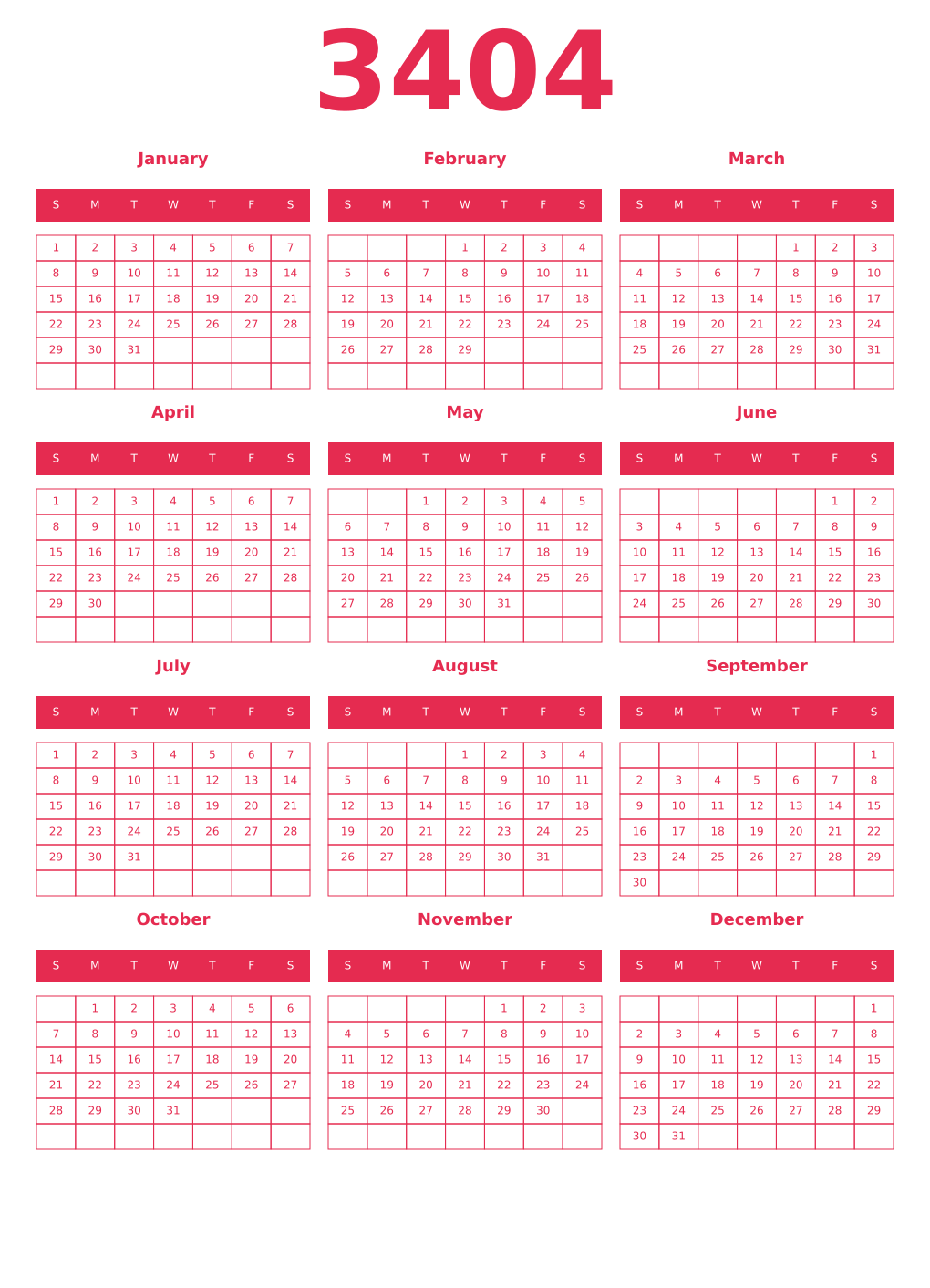 Printable 3404 Year Calendars amaranth
